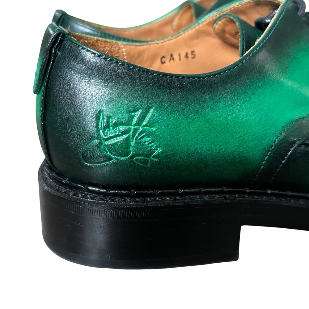 John Fluevog Moneymaker Lace Up Derby Shoes Size 7 Green Hand Painted Leather - Picture 2 of 10